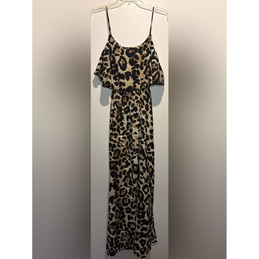 Body Central Leopard Print Maxi Dress Y2K Open Back Flowy Top Side Slit Size M